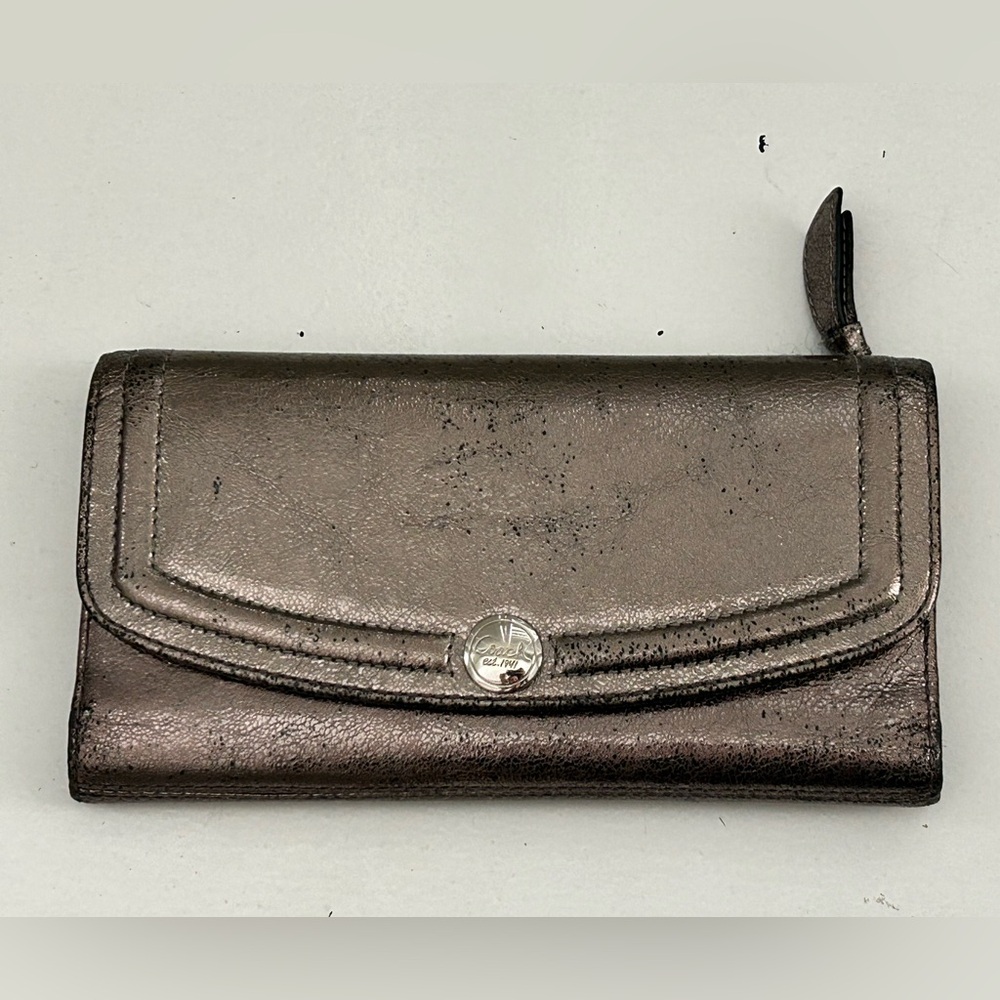 Coach Metallic Pewter Crinkle Tri-Fold Wallet Y2K